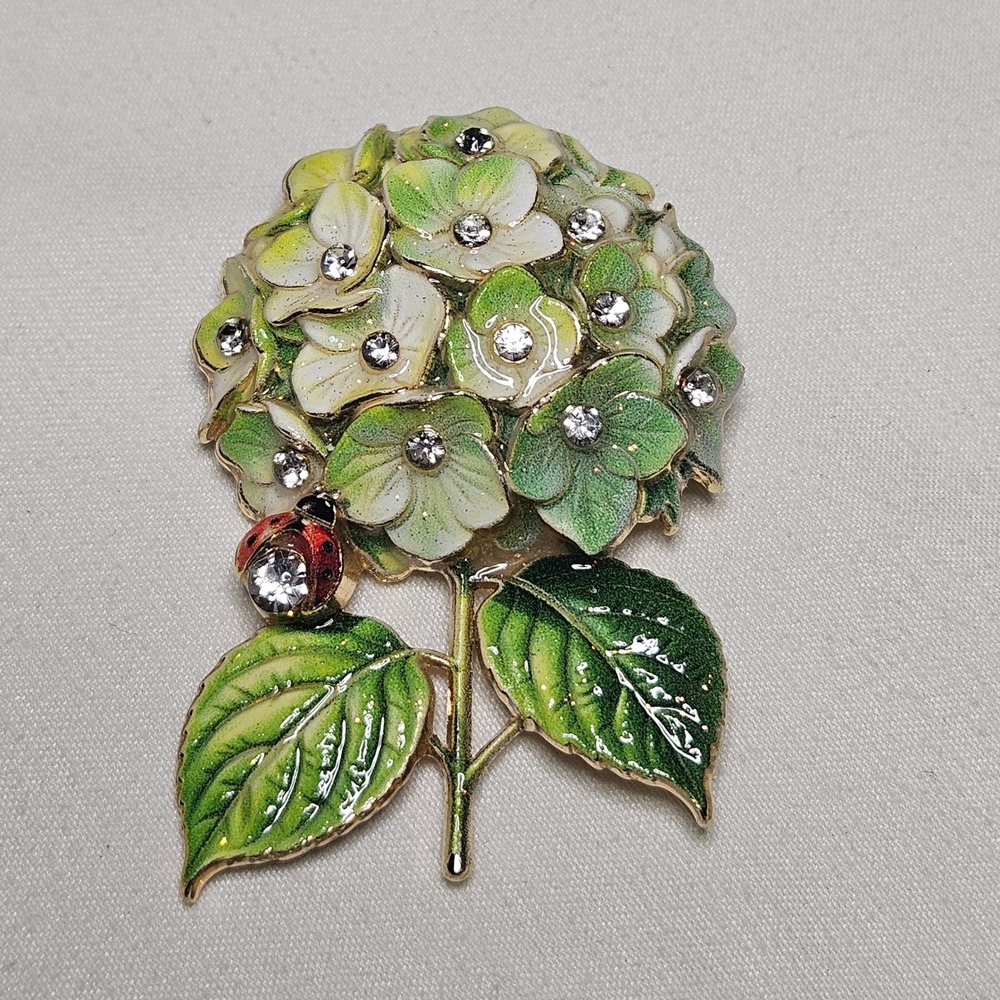 Enamel Hydrangea Brooch Women OS Green Gold Ladybug Rhinestone Floral